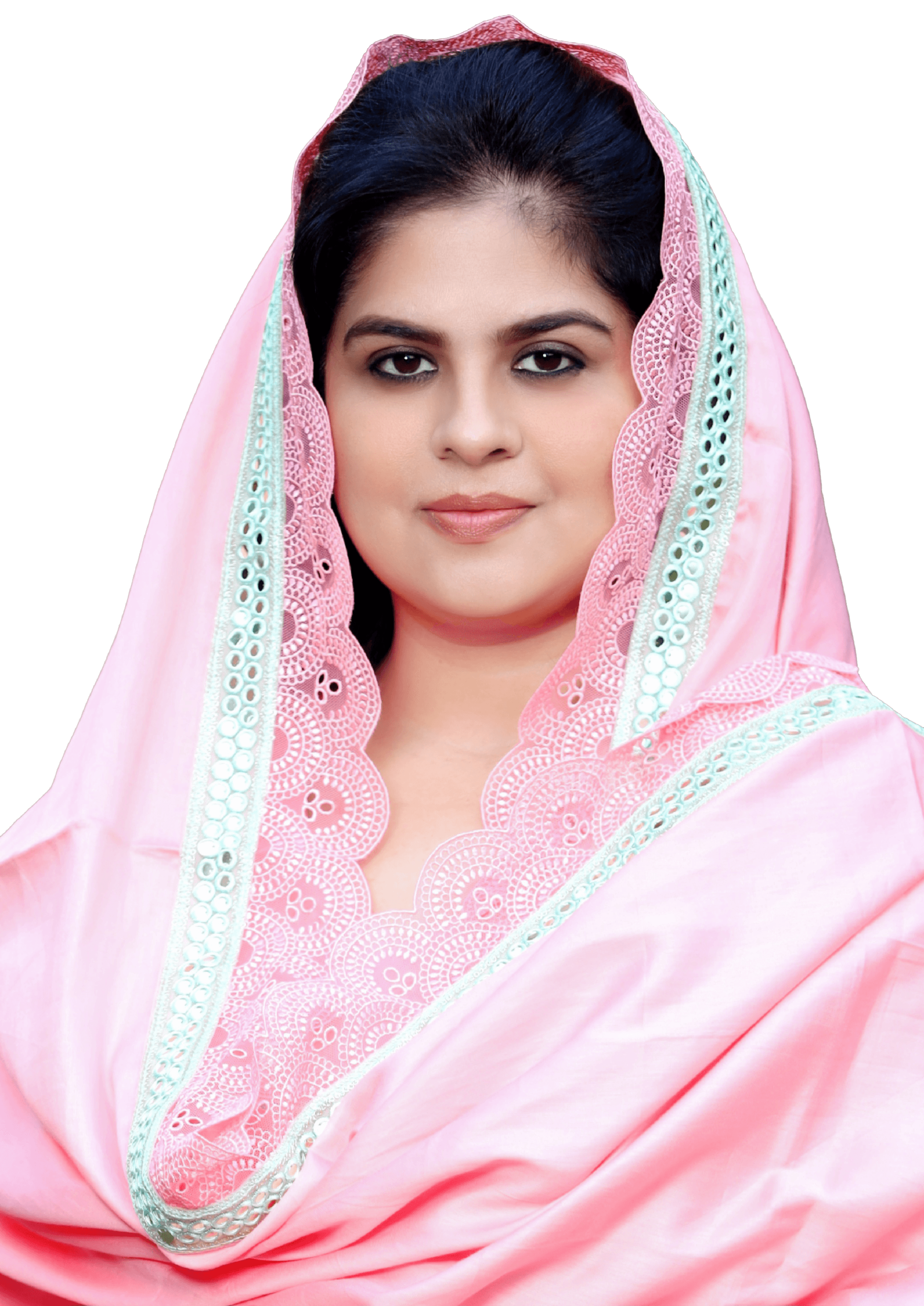 ਆਭਾ ਬੰਸਲ ਦਾ ਰਸਮੀ ਚਿੱਤਰ, ਗੁਲਾਬੀ ਦੁਪੱਟਾ ਅਤੇ ਪੁਦੀਨੇ ਰੰਗ ਦੀ ਲੇਸ।